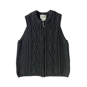 Vintage Aran Crafts Mens Irish Fisherman Cable Knit Wool Zip Vest Size L Black